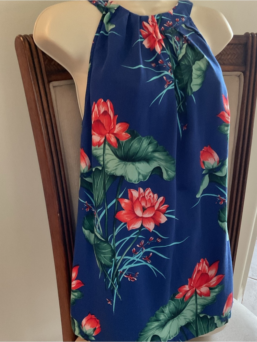 Tommy Bahama Blue Halter Floral Tank with Red & Green Print